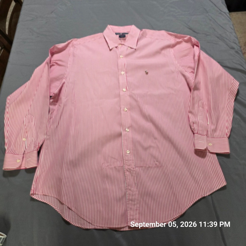 Ralph Lauren Yarmouth Mens 16.5 35 Pink White Striped Cotton Button Down Shirt